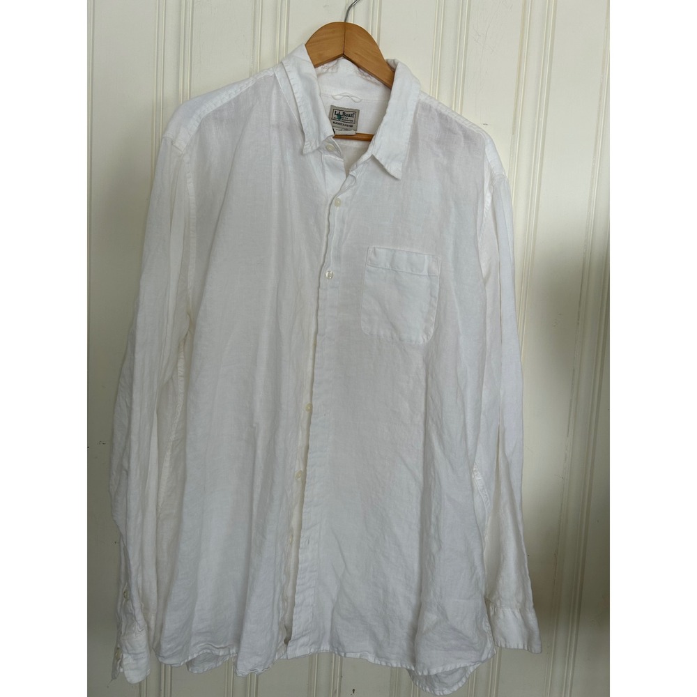 LL Bean Mens XXL White 100% Linen Long Sleeve Slightly Fitted Button Down Shirt